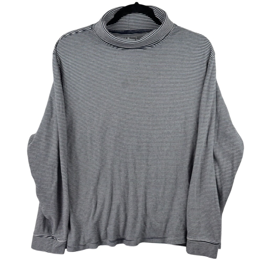 LL Bean Mock Neck Top Womens 2X Navy Blue Striped Long Sleeve Coastal Classic